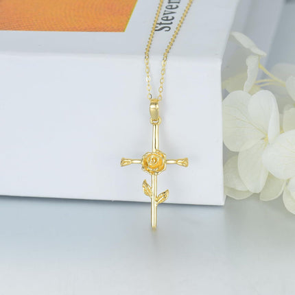 14K Gold Rose Cross Necklace - 12 Months Pendant s for Her