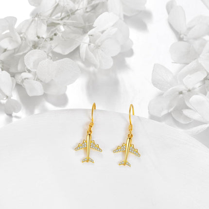 14K Gold Airplane Dangle Earrings with Cubic Zirconia for Women