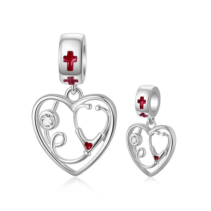 925 Sterling Silver Heart Stethoscope Nurse Cross Charm Bracelet  for Women Girls