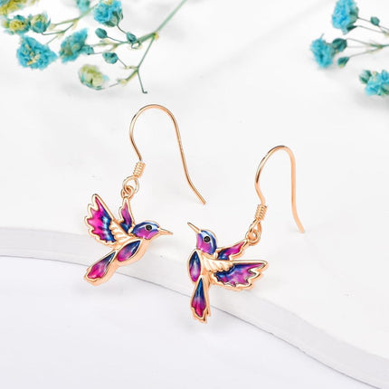 925 Sterling Silver Purple & Blue Enamel Hummingbird Dangle Drop Earrings for Women