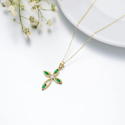 14K Gold Emerald and Diamond Flower Cross Pendant Necklace for Women 28 Chain