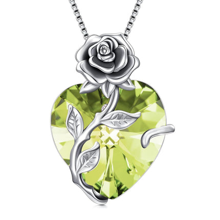 925 Sterling Silver Crystal Rose Flower Heart Pendant Necklace
