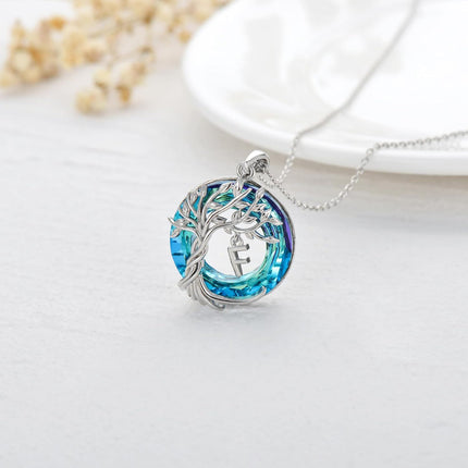 925 Sterling Silver Blue Crystal Tree of Life Initial Necklace Family Letter Pendant Birthday Mother s Day Gifts for Her