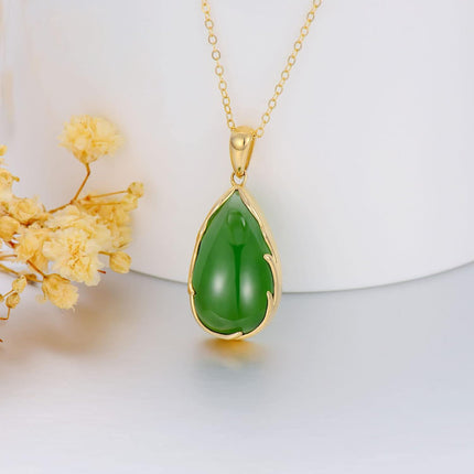 14K Gold Green Jade Tear Drop Pendant Necklace - 16 Chain