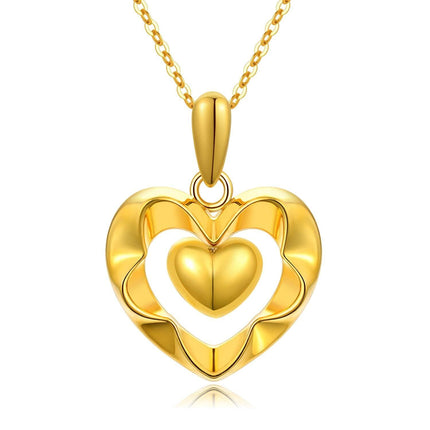 18K Yellow Gold Diamond-Cut Open Heart Pendant Necklace with Sparkling Diamond Surface, Hypoallergenic, Gift Box