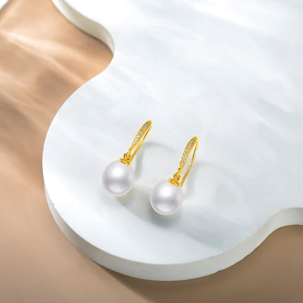 14K Gold White Freshwater Pearl Drop Earrings with Diamonds
