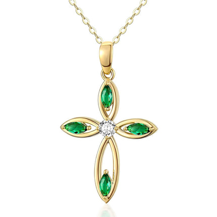 14K Gold Emerald and Diamond Flower Cross Pendant Necklace for Women 28 Chain