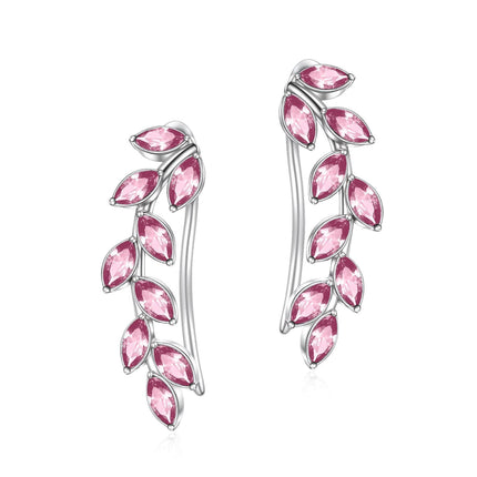 925 Sterling Silver Pink Austrian Crystal Leaf Ear Climber Hypoallergenic Earrings