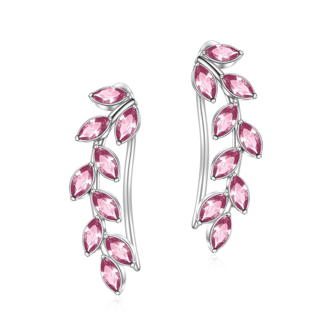 925 Sterling Silver Pink Austrian Crystal Leaf Ear Climber Hypoallergenic Earrings