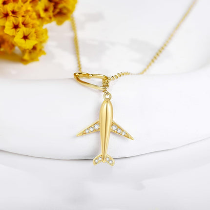 14K Gold & Cubic Zirconia Airplane Necklace - Y-Shaped Travel Pendant with Cloud Charm, Nickel-Free 16mm Airplane 13mm Cloud, 6.5-17 Adjustable Chain