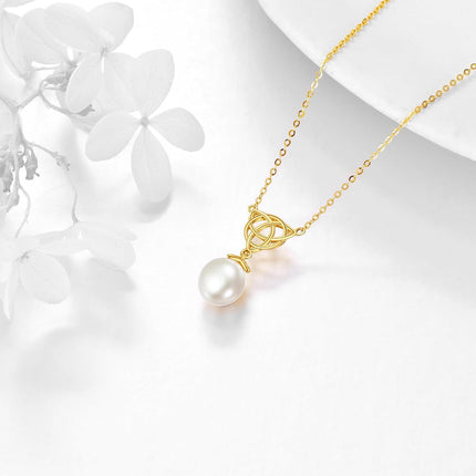 14K Gold Celtic Knot & Freshwater Pearl Pendant Necklaces for Women