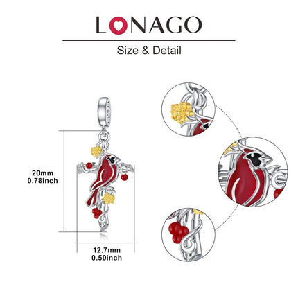 925 Sterling Silver Heart-Shaped Pendant with Red Cardinal and Berries Design for Bracelets or Necklaces