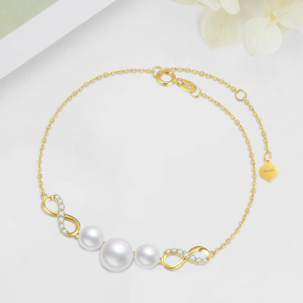 14K Gold Infinity Pearls & Cubic Zirconia Charm Bracelet for Women - Adjustable Size (7-9)