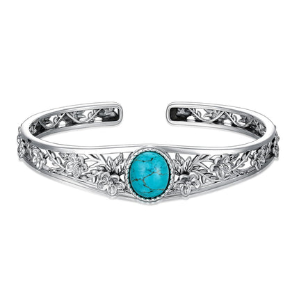 925 Sterling Silver Turquoise Floral Vine Adjustable Bracelet Cuff