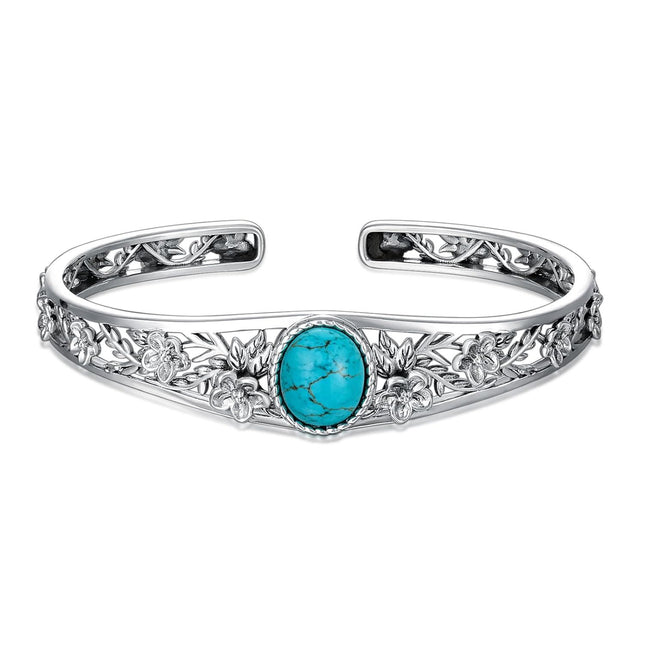 925 Sterling Silver Turquoise Floral Vine Adjustable Bracelet Cuff