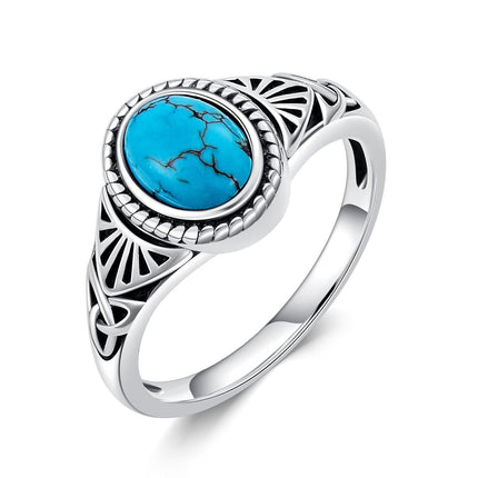 925 Sterling Silver Natural Turquoise Stone Boho Style Adjustable Band Ring for Women