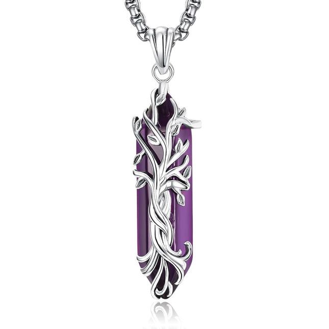 925 Sterling Silver Purple Amethyst Natural Stone Healing Crystal Tree of Life Pendant Necklace
