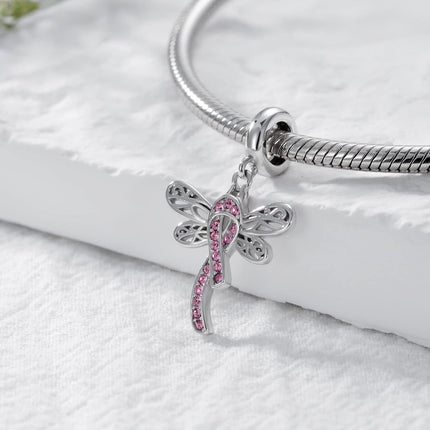 Sterling Silver & Pink Austrian Crystals Dragonfly Pink Ribbon Charm for Pandora Bracelets 15.1x16.8mm