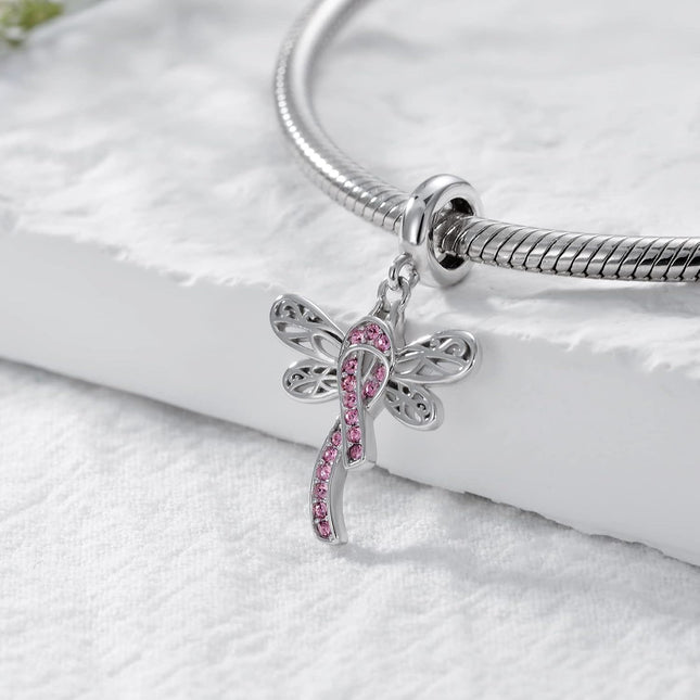 Sterling Silver & Pink Austrian Crystals Dragonfly Pink Ribbon Charm for Pandora Bracelets 15.1x16.8mm