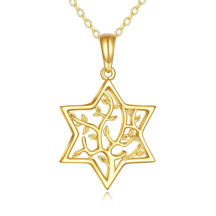 14K Gold Star Shaped Tree of Life Pendant Necklace for Women - Fine