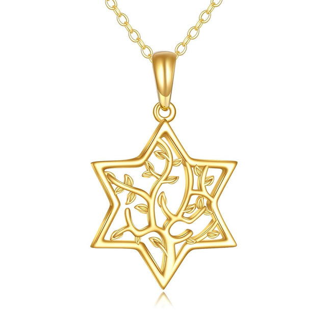 14K Gold Star Shaped Tree of Life Pendant Necklace for Women - Fine