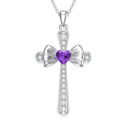 925 Sterling Silver Amethyst Cross Bow Birthstone Necklace for Women, Adjustable Chain, February Gift, Hypoallergenic Jewelry