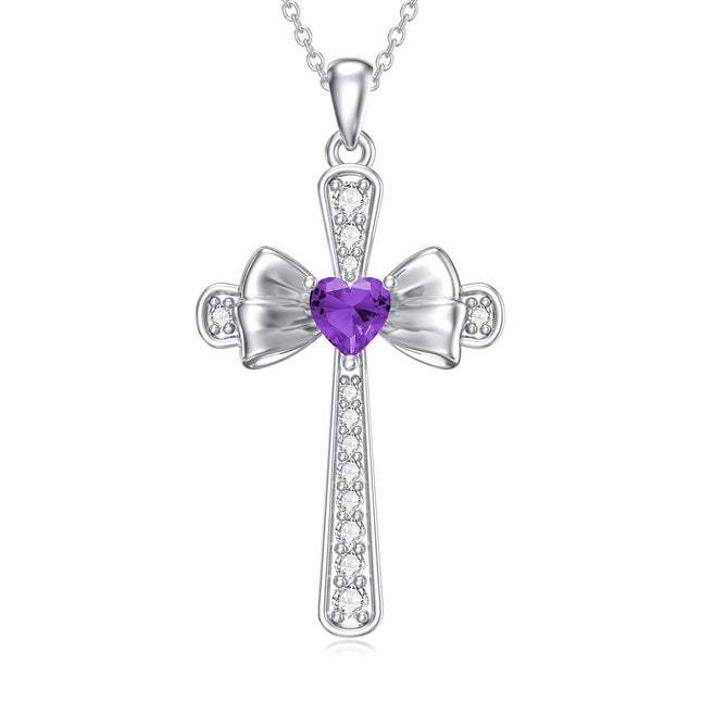 925 Sterling Silver Amethyst Cross Bow Birthstone Necklace for Women, Adjustable Chain, February Gift, Hypoallergenic Jewelry