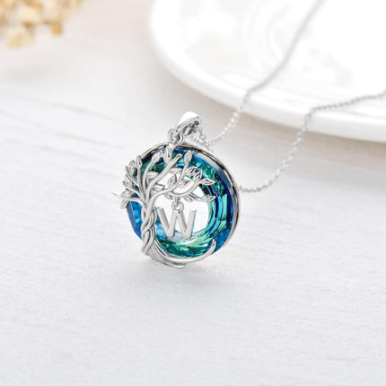 925 Sterling Silver Blue Crystal Tree of Life Initial Necklace Family Letter Pendant Birthday Mother s Day Gifts for Her