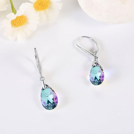 925 Sterling Silver Teardrop Purple Blue Aurora Borealis Crystals Leverback Earrings