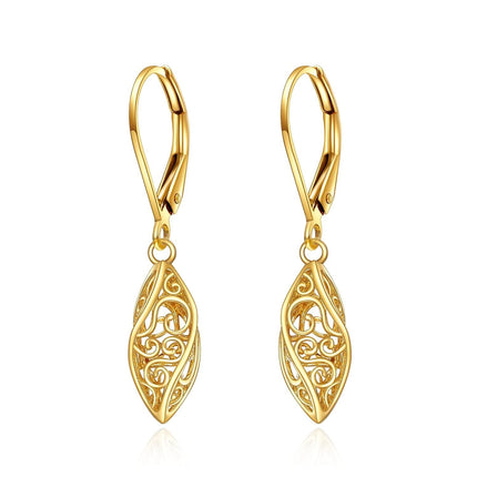 14k Solid Gold Filigree Drop Earrings for Women Leverback Fine Jewelry Birthday Gifts for Her