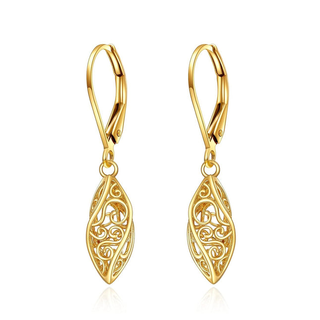 14k Solid Gold Filigree Drop Earrings for Women Leverback Fine Jewelry Birthday Gifts for Her