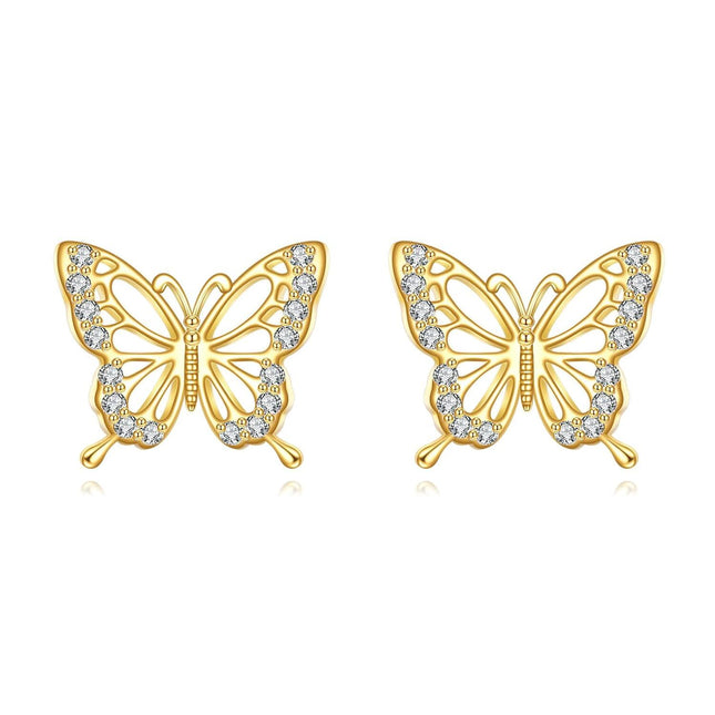 14K Gold Butterfly Stud Earrings with Cubic Zirconia Accents for Women