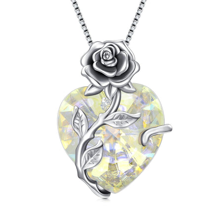 925 Sterling Silver Crystal Rose Flower Heart Pendant Necklace