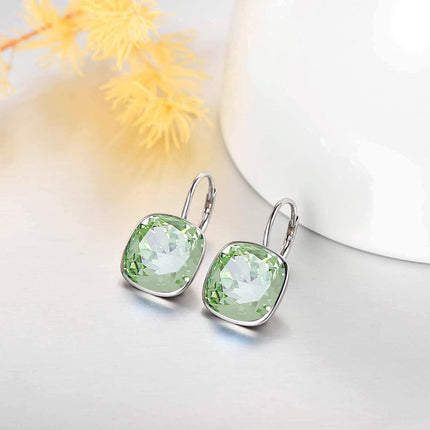 925 Sterling Silver Green Cushion Cut Austrian Crystal Leverback Earrings Hypoallergenic Gift for Her