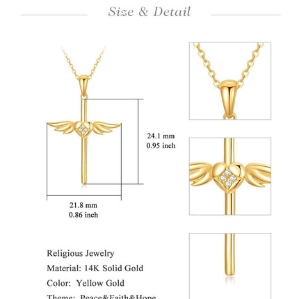 14K Gold Angel Wing Heart Faith Cross Pendant Necklace for Women - Baptism Gift for Mom or Wife