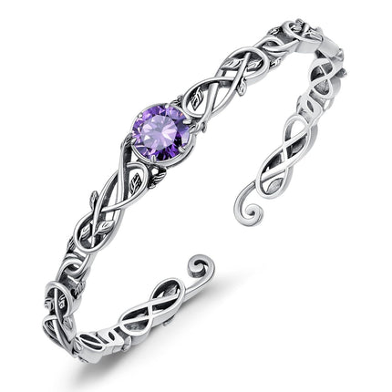 925 Sterling Silver & Natural Amethyst Vine Leaf Wrap Boho Bracelet for Women, Healing Stone Jewelry Gift, 6-7.5 Adjustable