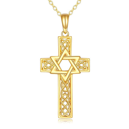 14K Gold Star of David Celtic Knot Cross Pendant Necklace Religious  for Men & Women
