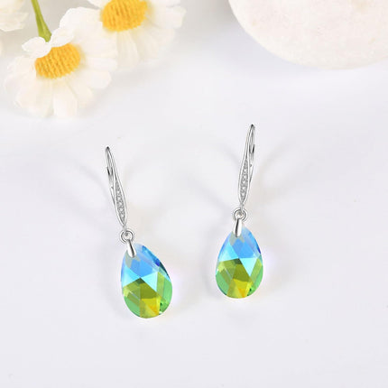 925 Sterling Silver Teardrop Purple Blue Aurora Borealis Crystals Leverback Earrings