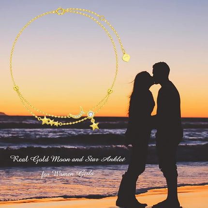 14K Gold Star & Moon Charm Ankle Anklet with Tassels - 8+2 Inches