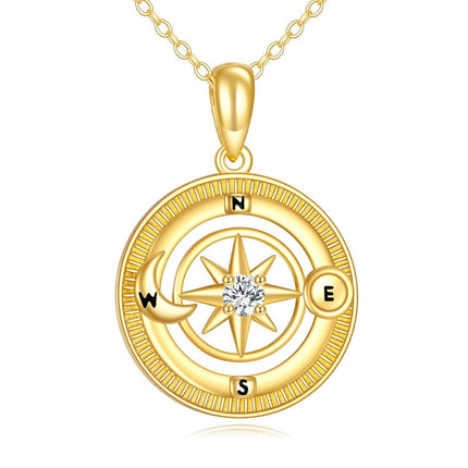14K Gold Compass Pendant Necklace with Diamond Accent and Moon Phase Design for Women (Length: 36)