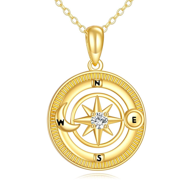 14K Gold Compass Pendant Necklace with Diamond Accent and Moon Phase Design for Women (Length: 36)