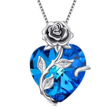 925 Sterling Silver Crystal Rose Flower Heart Pendant Necklace