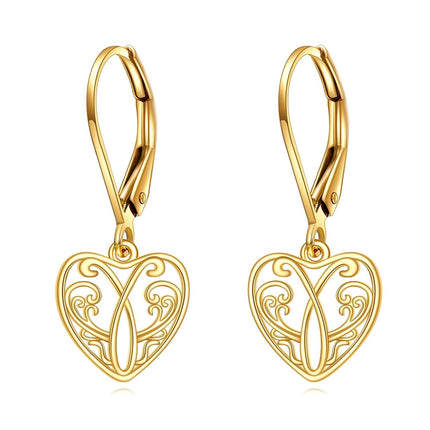 Gold 14K Flower Filigree Heart Dangle Drop Leverback Earrings for Women - Christmas Gift Ideas