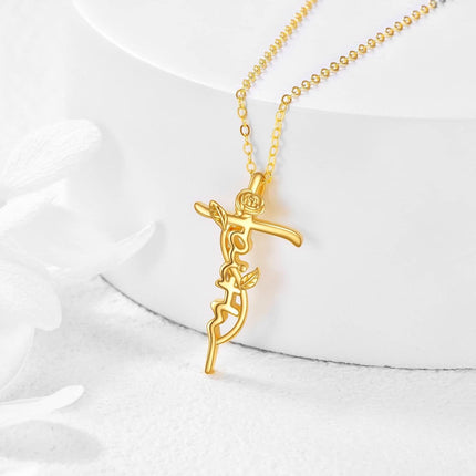 14K Gold Rose Flower Cross Pendant Necklaces Christian s for Women