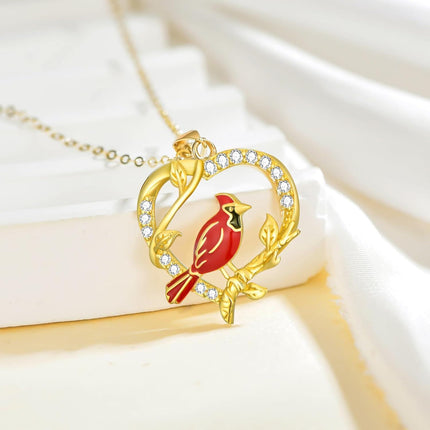14K Gold Cardinal Bird Pendant Necklace with Cubic Zirconia for Women