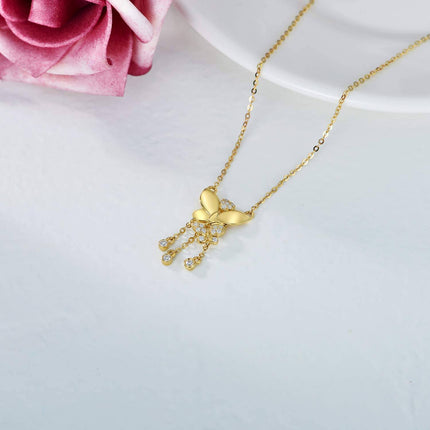14K Yellow Gold White Moissanite Butterfly Heart Pendant Necklace, Elegant Adjustable Chain, Gift for Women, Wife, Mother, 16 Stones