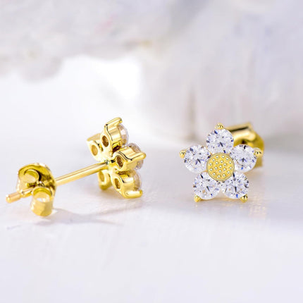 14K Gold Flower Diamond Stud Earrings - Gift for Her