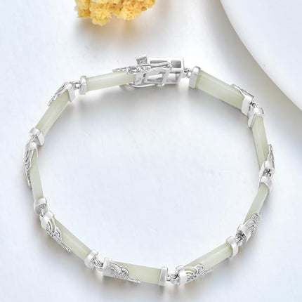 925 Sterling Silver 925 Green Jade Bracelet with Intricate Design Elements - Fashionable and Elegant Jewelry Accessory