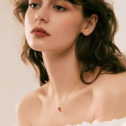 14K Gold Purple & Pink Enamel Butterfly Pendant Necklace for Women