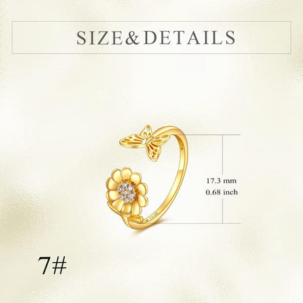 14K Gold Adjustable Bee and Daisy Flower Open Ring  for Women Her